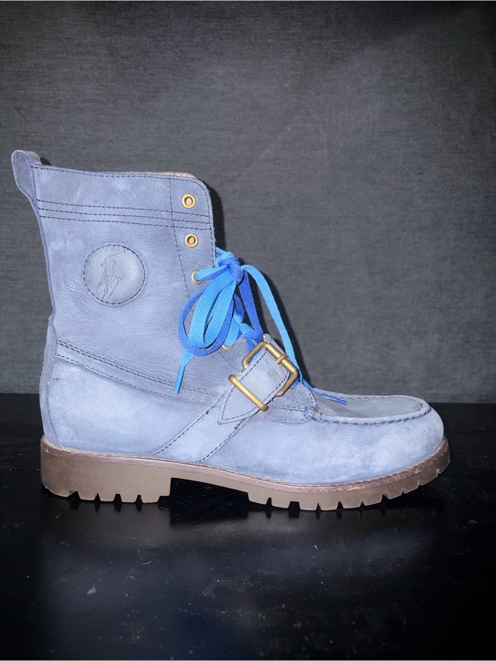 Ralph Lauren Blue Nubuck Lace-Up Buckle Ankle Boot